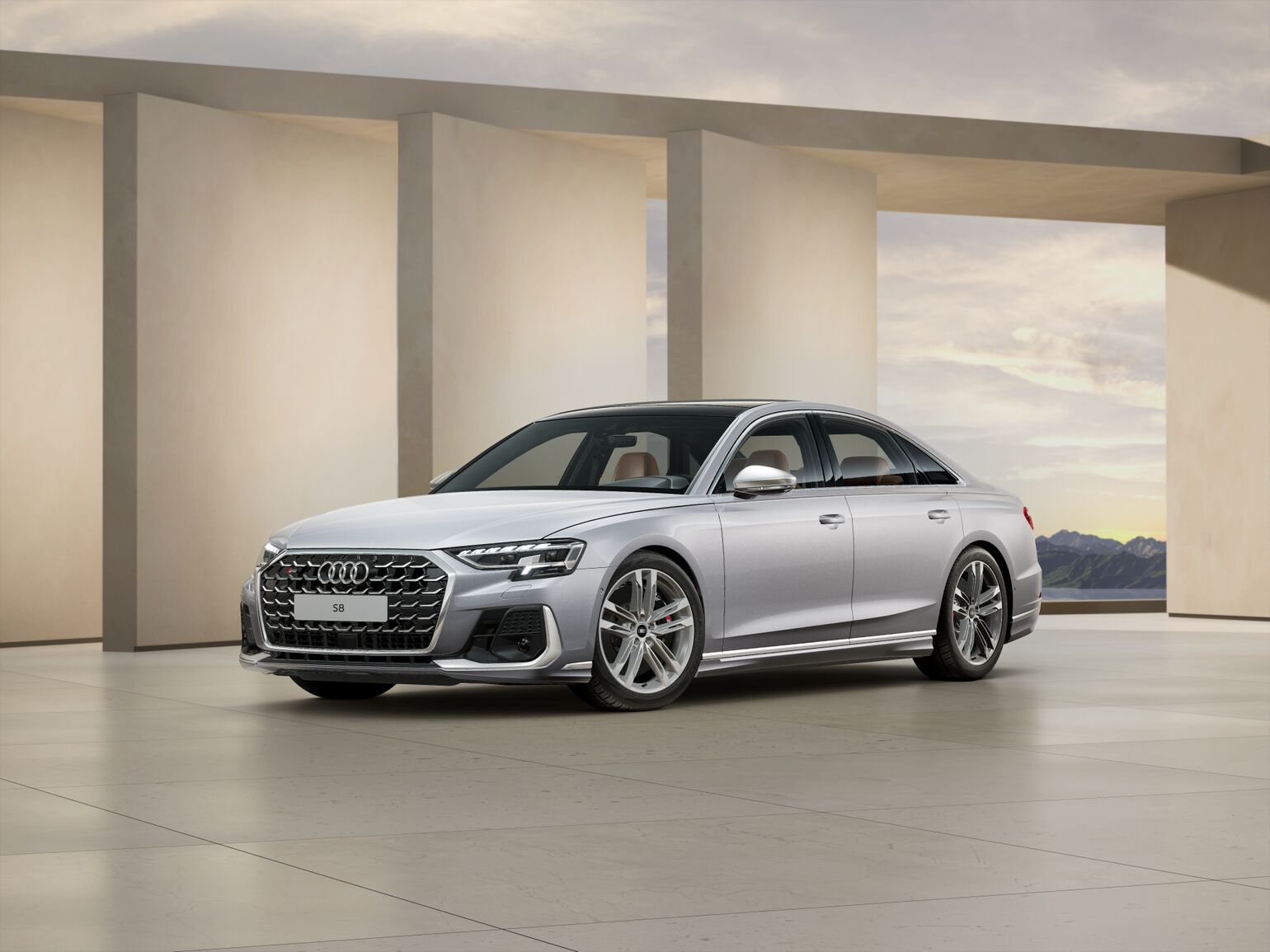 The Audi S8 with Audi exclusive customized paint ﬁnish in glacier white, matt eﬀect with Audi Sport wheels in 10-spoke star design, black. For the interior, you can select from freely customizable leather upholstery and trim, attractive leather packages or two new design packages.