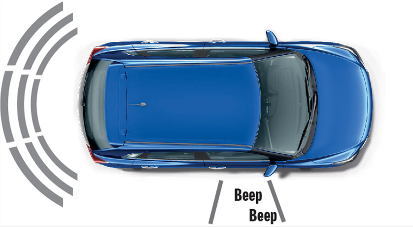 Ultrasonic sensors in the bumpers detect obstacles and issues audio-visual warning to the driver.