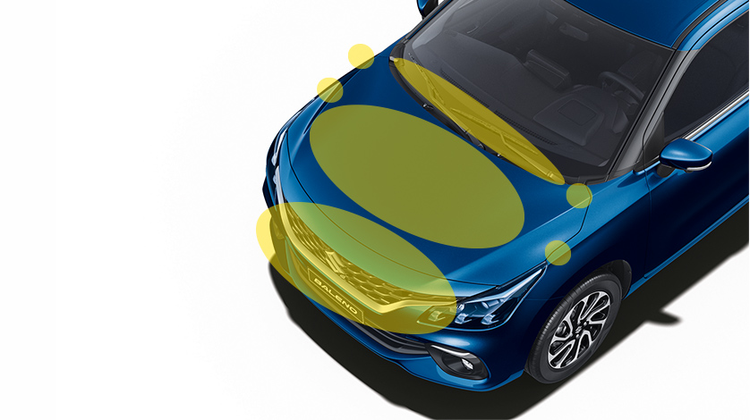 The structure of the Baleno’s bonnet, front windscreen wiper area, front bumper and other parts absorb impacts, with the aim of mitigating head and leg injuries in the event of a collision with a pedestrian.