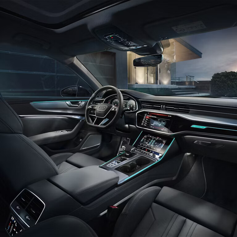 The optional ambient lighting package plus creates a unique atmosphere and lends the interior of the Audi A6 Sedan a fascinating ambience with a feel-good factor. Precise contour lighting emphasizes the instrument panel, the center console and other prominent design structures in 30 different shades of color.