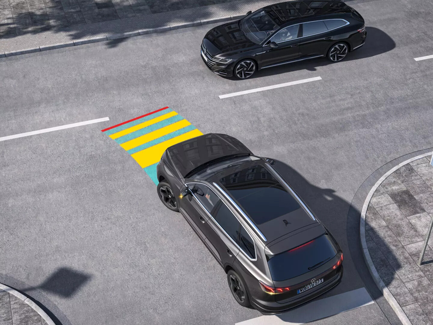 Who is not familiar with the situation: straining your eyes as you slowly approach unclear exits or junctions that are difficult to see. The optional Intersection Assist can help you to cope with such situations. If another vehicle crosses your path, the system can alert you to this visually and acoustically using radar technology up to your own vehicle speed of 30 km/h – and can trigger emergency braking up to your own vehicle speed of 10 km/h.