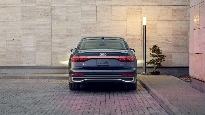 The multi-segment displays on the Audi A8 progressive OLED taillights offer two distinctive signatures based on the drive mode selected via the MMI.