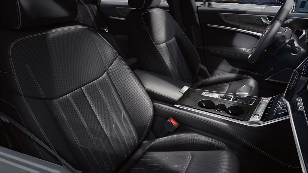 The Audi A7 Prestige features  individual contour front seats upholstered in Valcona/Milano leather, complete with a massage function. Plus, it includes a leather package, featuring a leather-wrapped dashboard, armrests, and center console for an enhanced experience.
