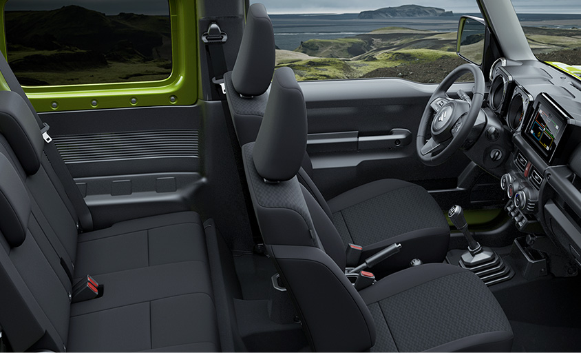 In the Jimny, there’s little to distract you from driving.
Its stylish black interior is humble yet handsome, and controls are designed for quick and easy operation even when wearing gloves.