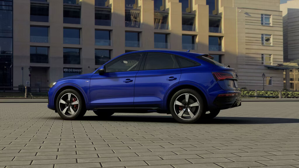 The available Black optic plus package makes for a captivating exterior—featuring  20` 5-arm cutter design wheels with bi-color finish, red brake calipers, and black Audi rings and badging.