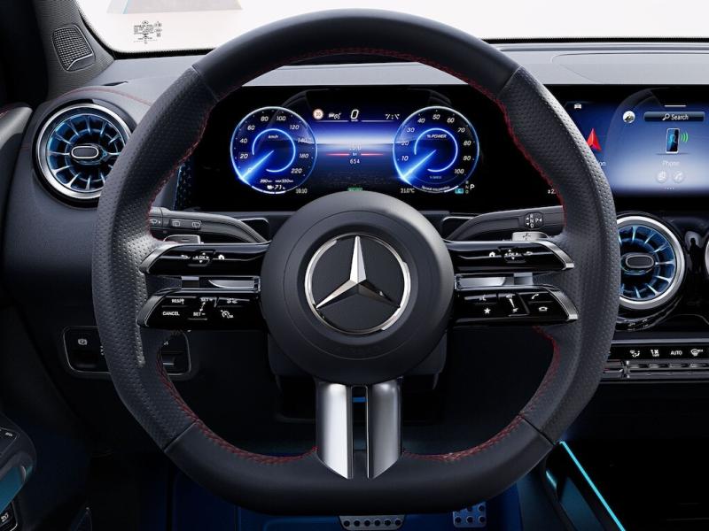 All-in-one smart: the fifth-generation three-spoke steering wheel. Available in `leather` or `leather nappa” versions, it delights with touch control panels and easier finger navigation. This means that you can not only steer your EQB safely through the traffic, but can also control various functions while driving.