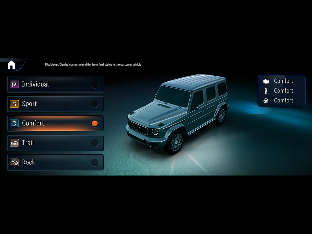 ELECTRIC DYNAMIC SELECT changes the driving behaviour at the touch of a finger. 5 drive programs vary the characteristics of the drive, suspension and steering, for example. With the specific offroad drive programs `Trail` and `Rock`, you can master difficult terrain. You can also adjust the braking energy recuperation via the steering wheel gearshift paddles.